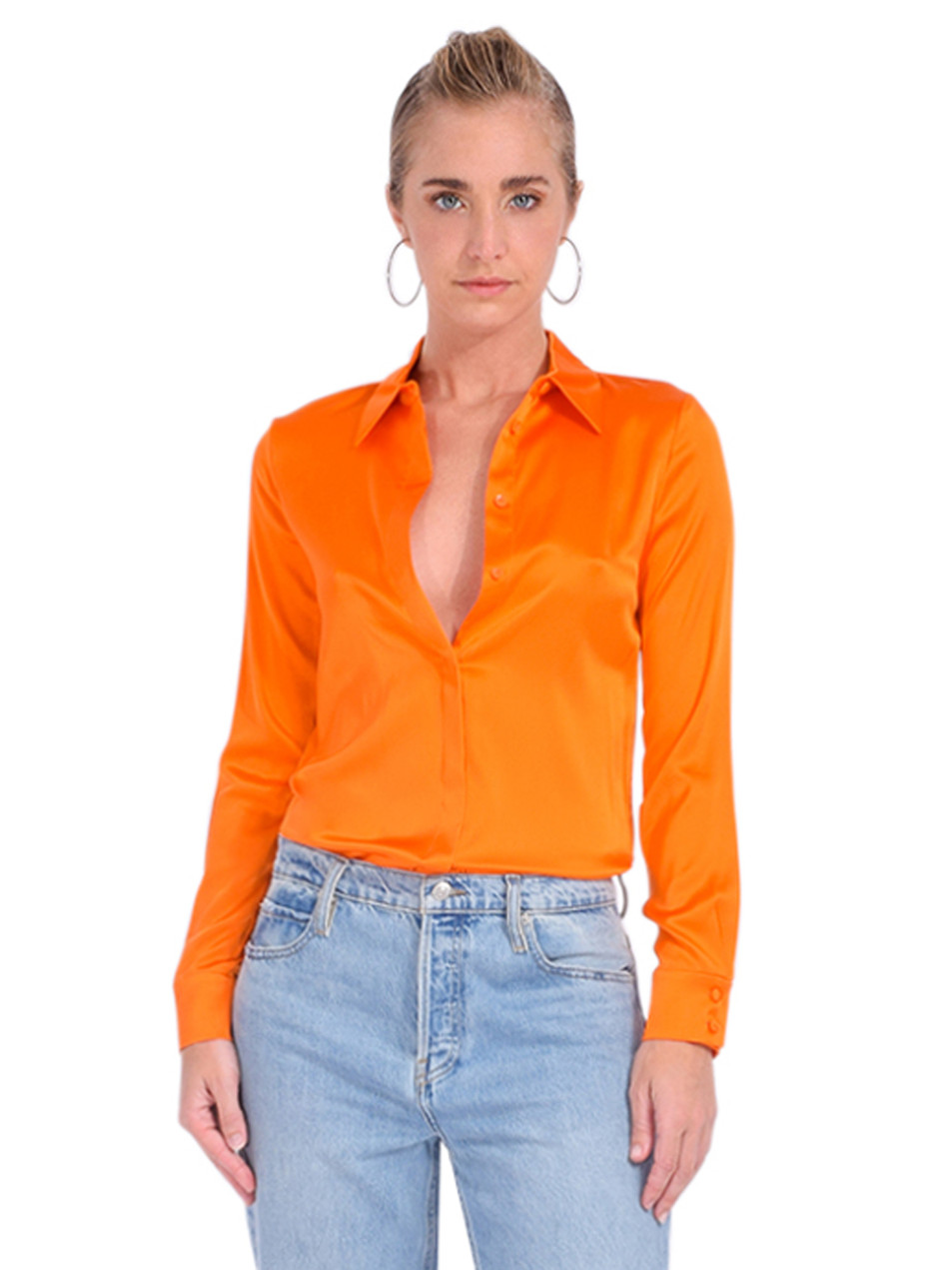 Alice + Olivia Willa Placket Top in Orange Blaze Front View  Alice + Olivia Willa Placket Top in Orange Blaze Front View