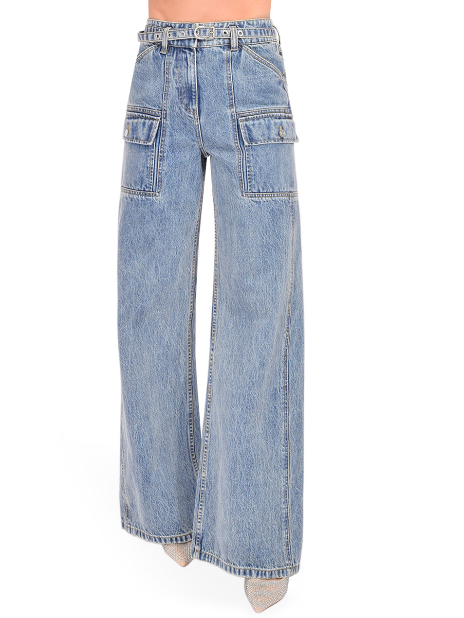 3.1 Phillip Lim Cargo Wide Leg Belted Jeans in Indigo Front View 