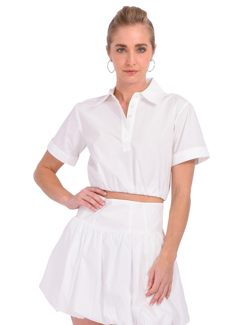 SIMKHAI Nicky Cotton Crop Top in White Full Outfit 

