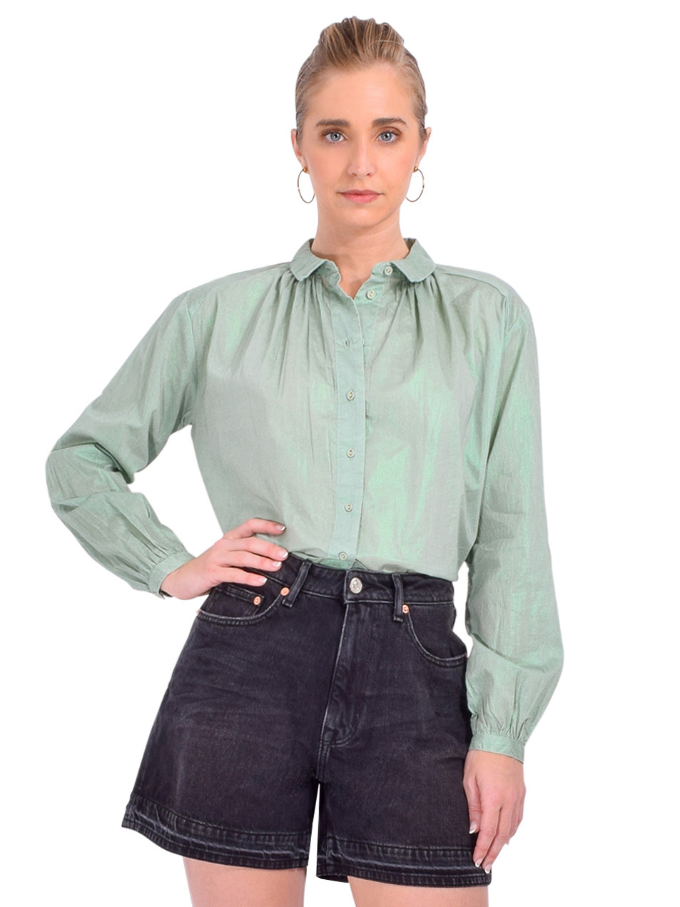 LEON & HARPER Cob Foil Shirt in Green Front View 