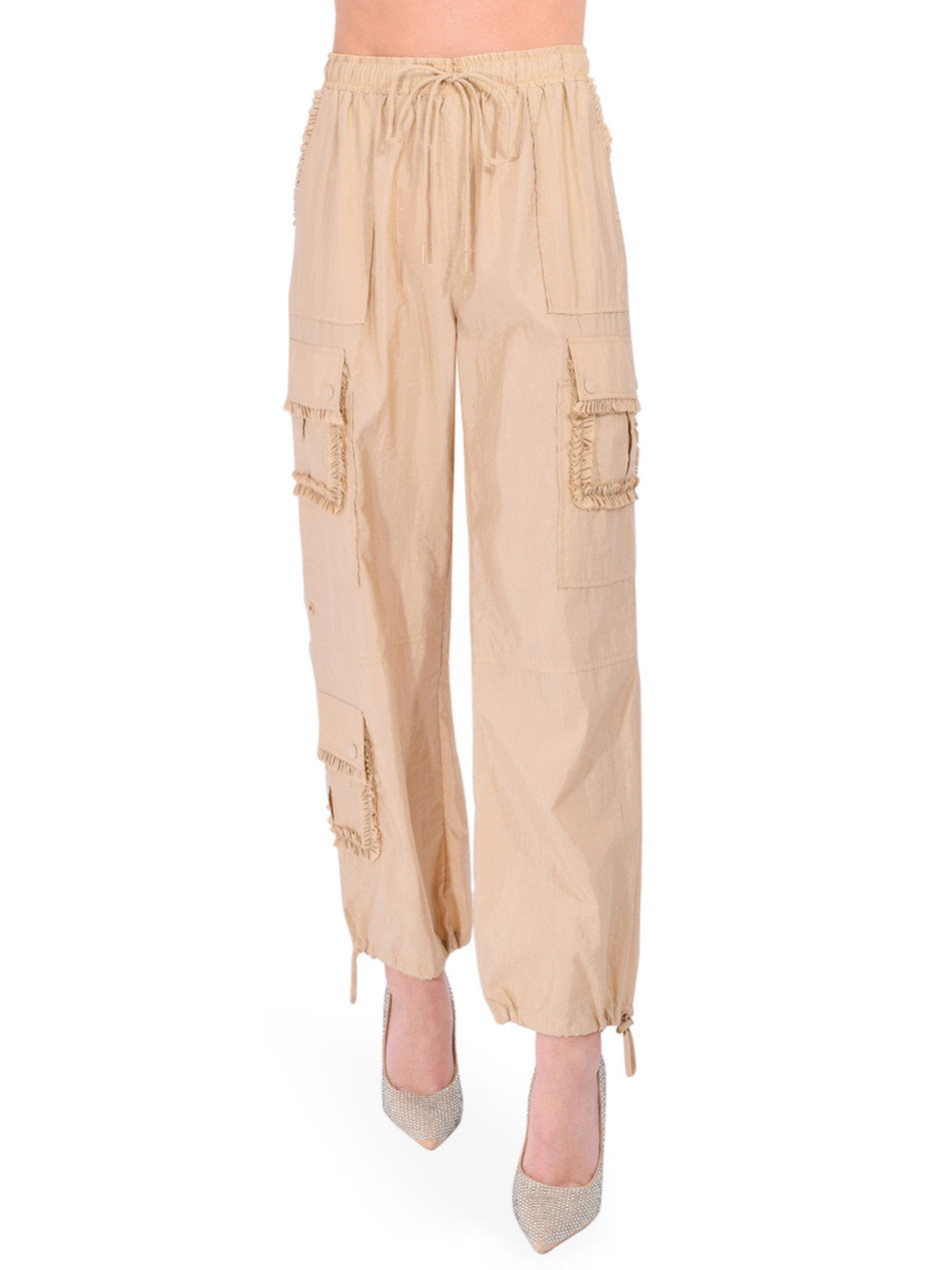 Cinq a Sept Ruffle Nitsan Parachute Pant in Khaki Front View 
