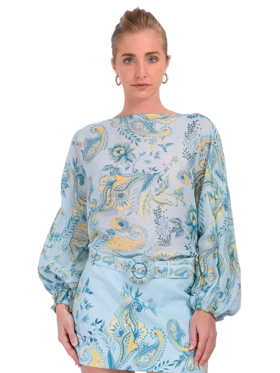 Hemant & Nandita Wani Top in Blue Floral Front View 
