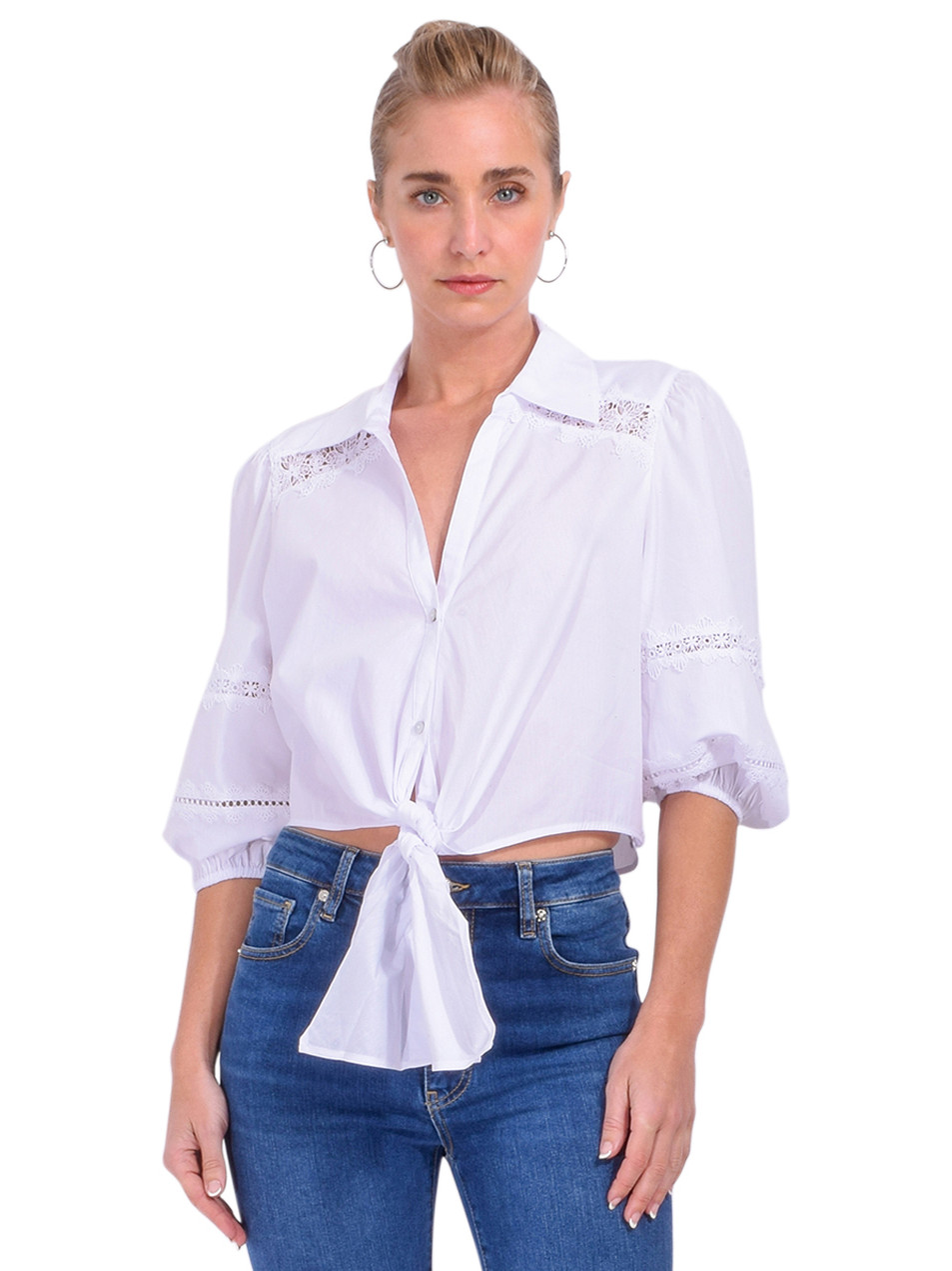 Cinq a Sept Three Quarter Sleeve Lace Mare Top in White Front View 