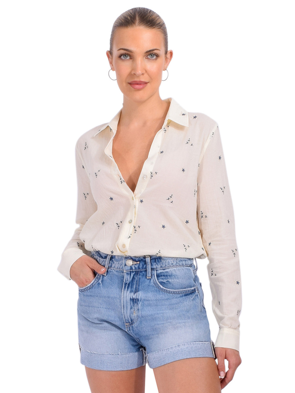 L'AGENCE Laurent Embroidered Blouse in Ecru/Blue Multi Flower Embroidery Front View 