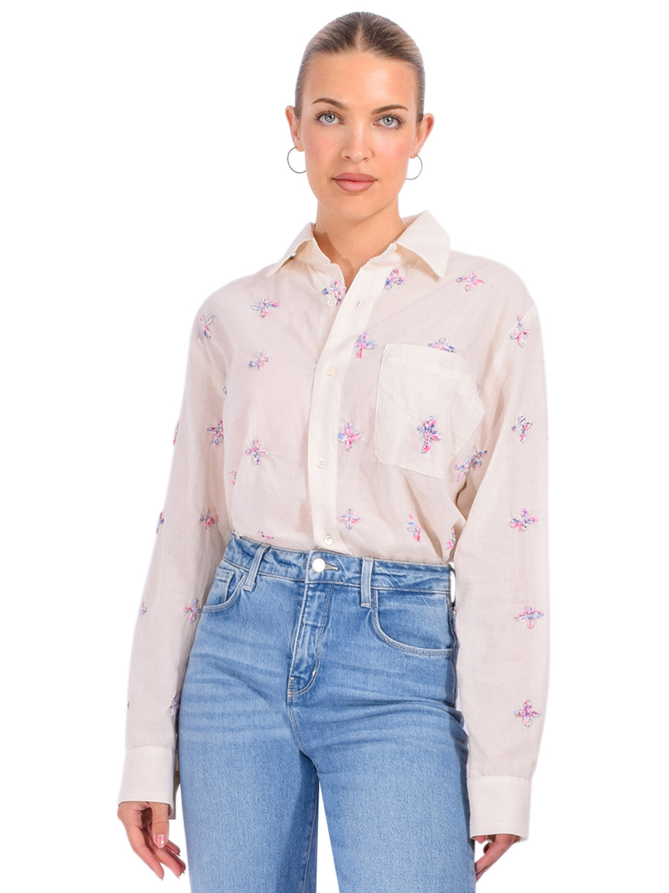 CISSA The Daily Button Down Shirt in Bloom Embroidery Front View 