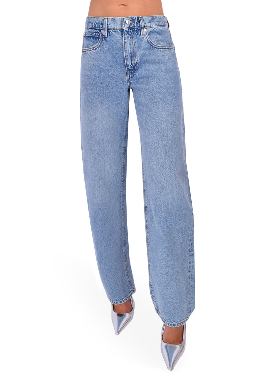 FRAME Low Slung Barrel Jean in Dollhouse Blue Front View 