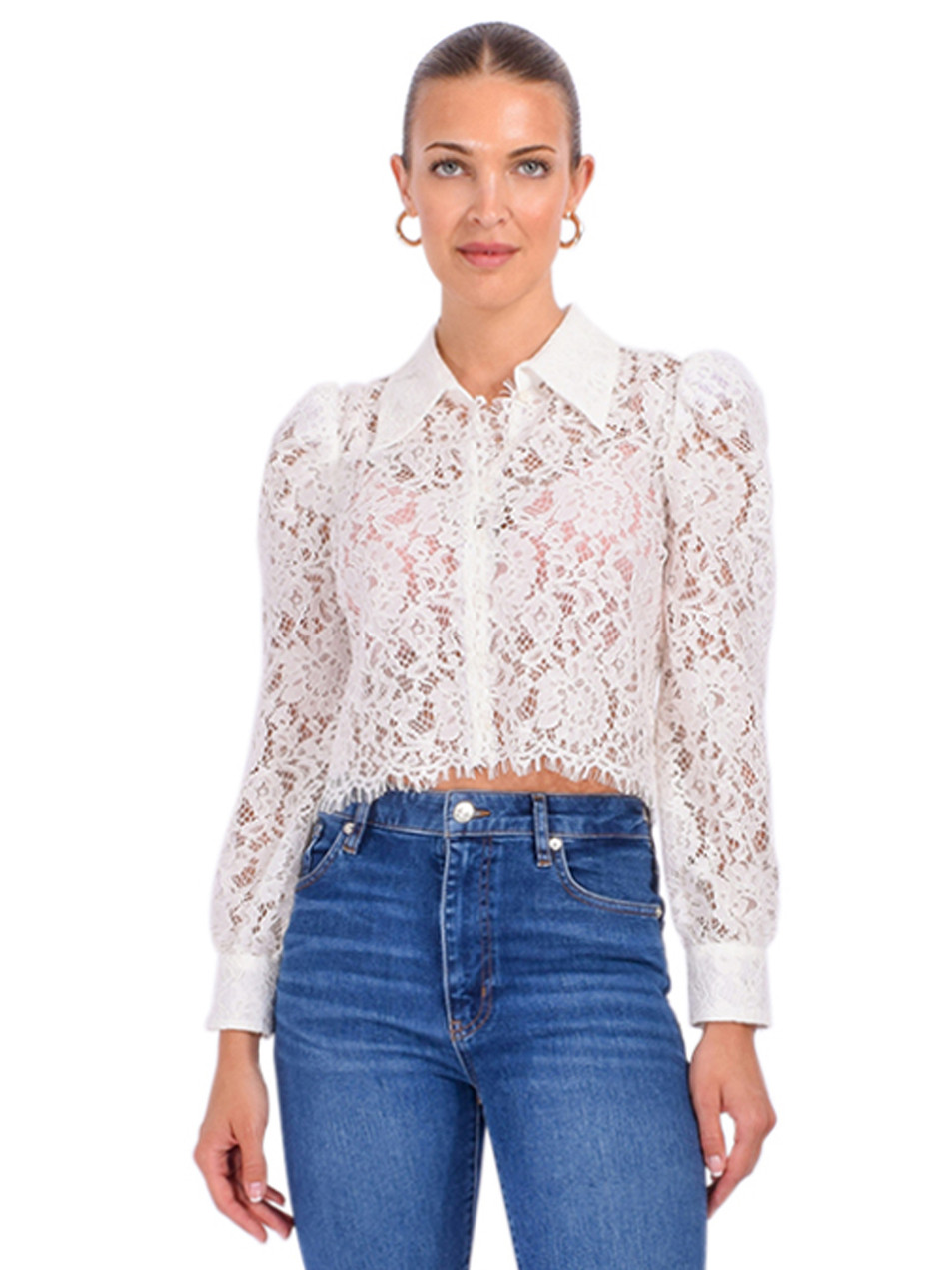 L'AGENCE Anita Lace Button Down Blouse in Ivory Front View 