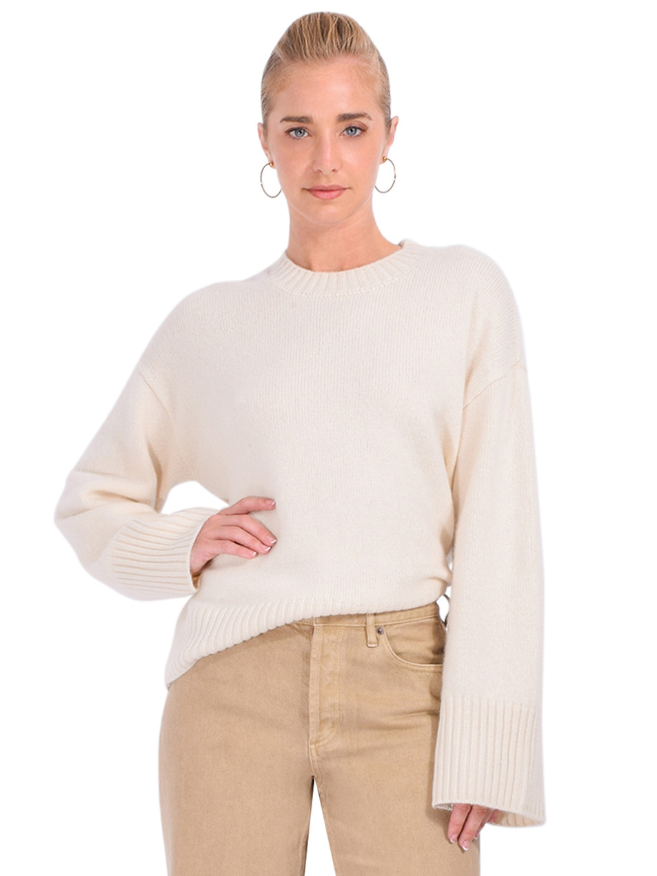 MINNIE ROSE Luxe Crew Pullover in Chalk Front View 
