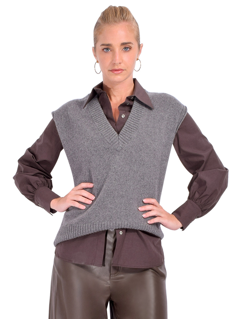 OTTOD'AME Cashmere V-Neck Sweater Vest in Gray Front View 