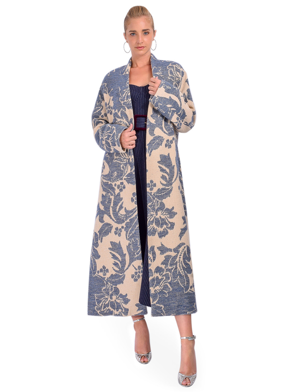 OTTOD'AME Printed Shawl Collar Coat with Belt in Cream/Blue Front View 1