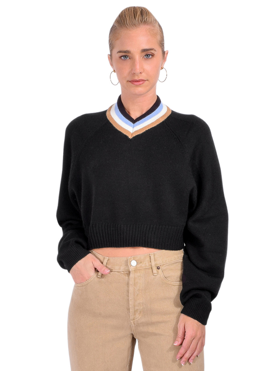 OTTOD'AME Cropped V-Neck Sweater in Black Front View 