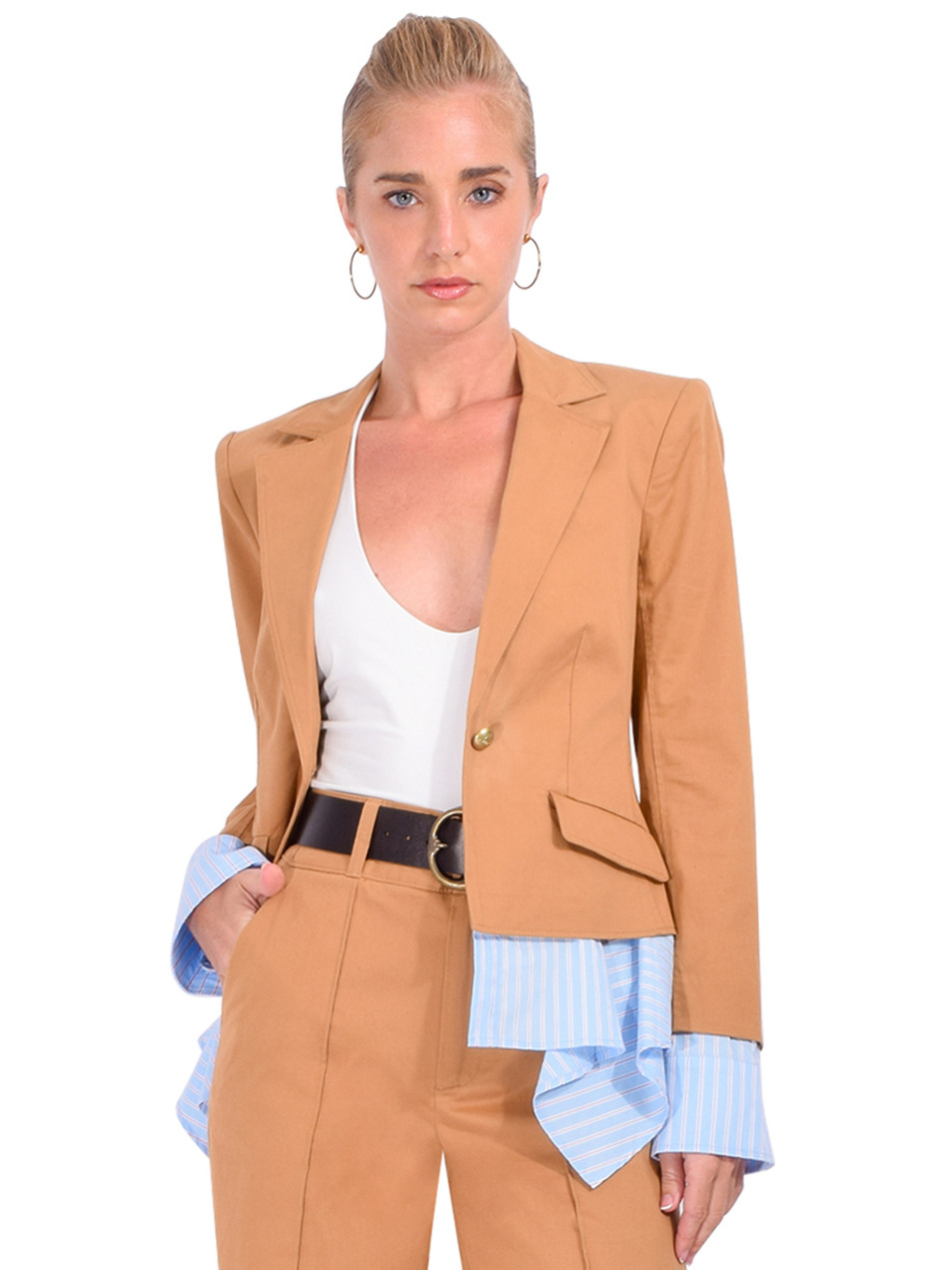 Cinq A Sept Shilo Jacket in Brown Sandstone/Light Bluebell Front View 