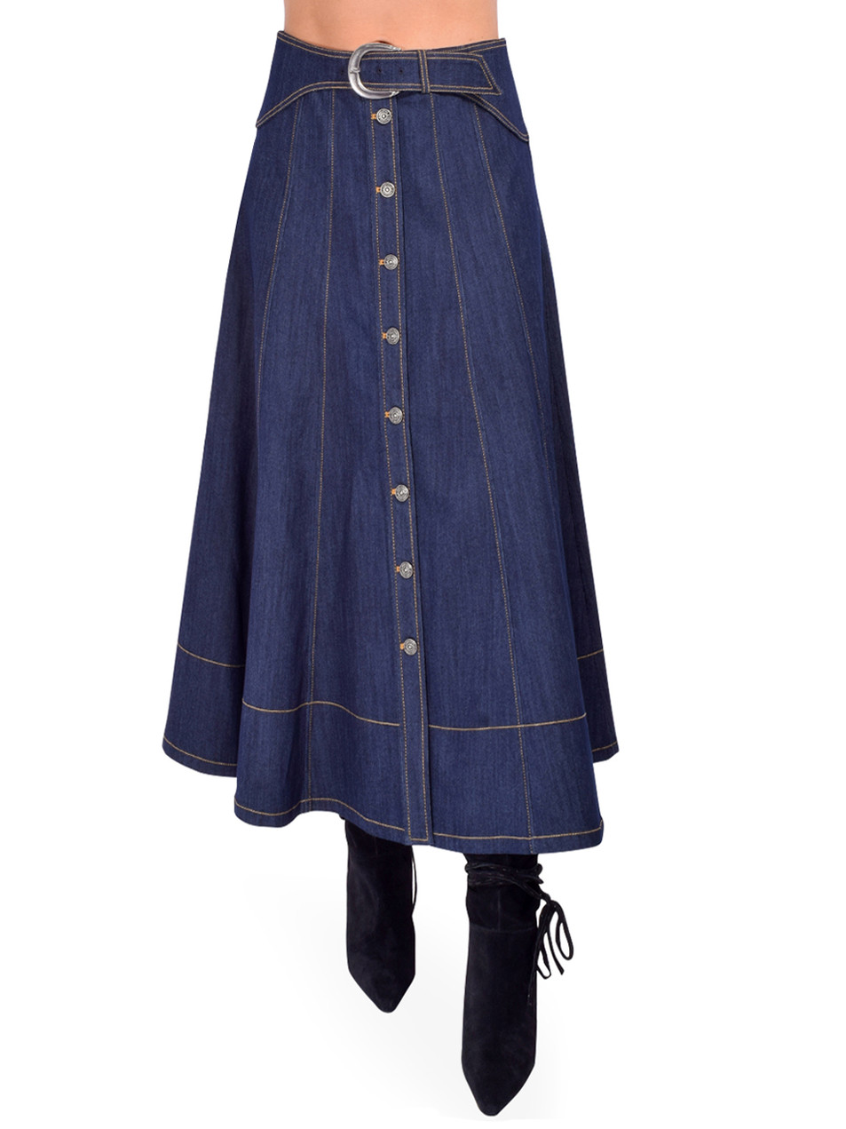 Cinq à Sept Briony Denim Midi Skirt in Indigo Front View 