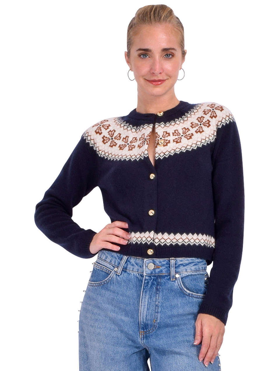 FRAME The Cashmere Fairisle Cardi in Navy Front View 