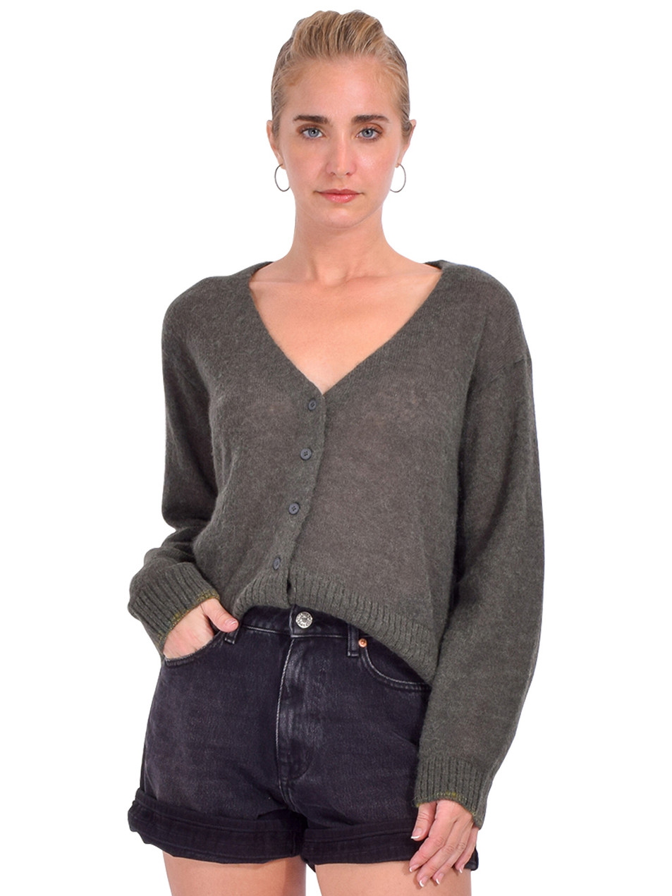 C.T. Plage Khaki Cardigan With Buttons Front View 