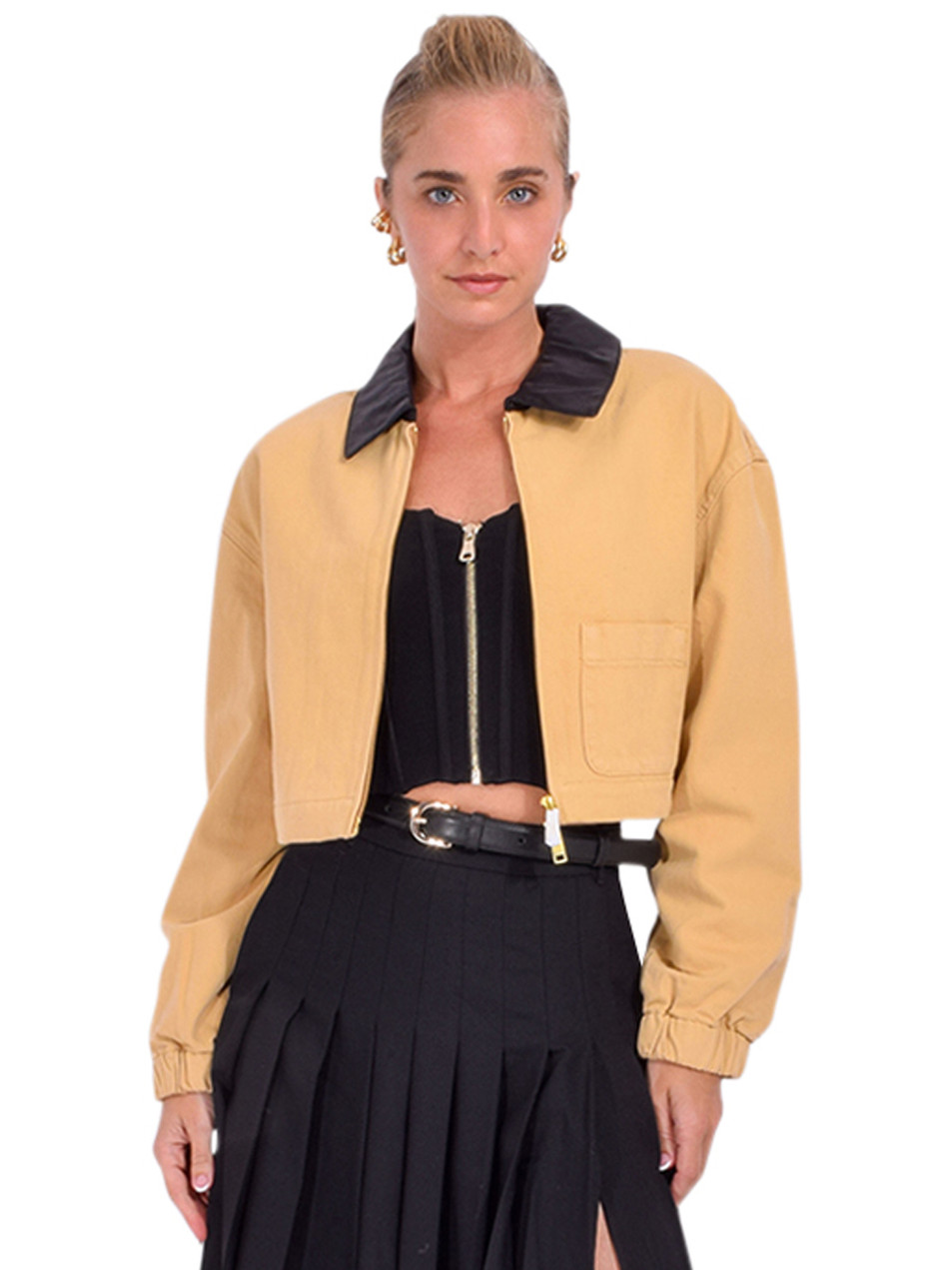 SELF-PORTRAIT Denim Cropped Jacket in Beige Front View 