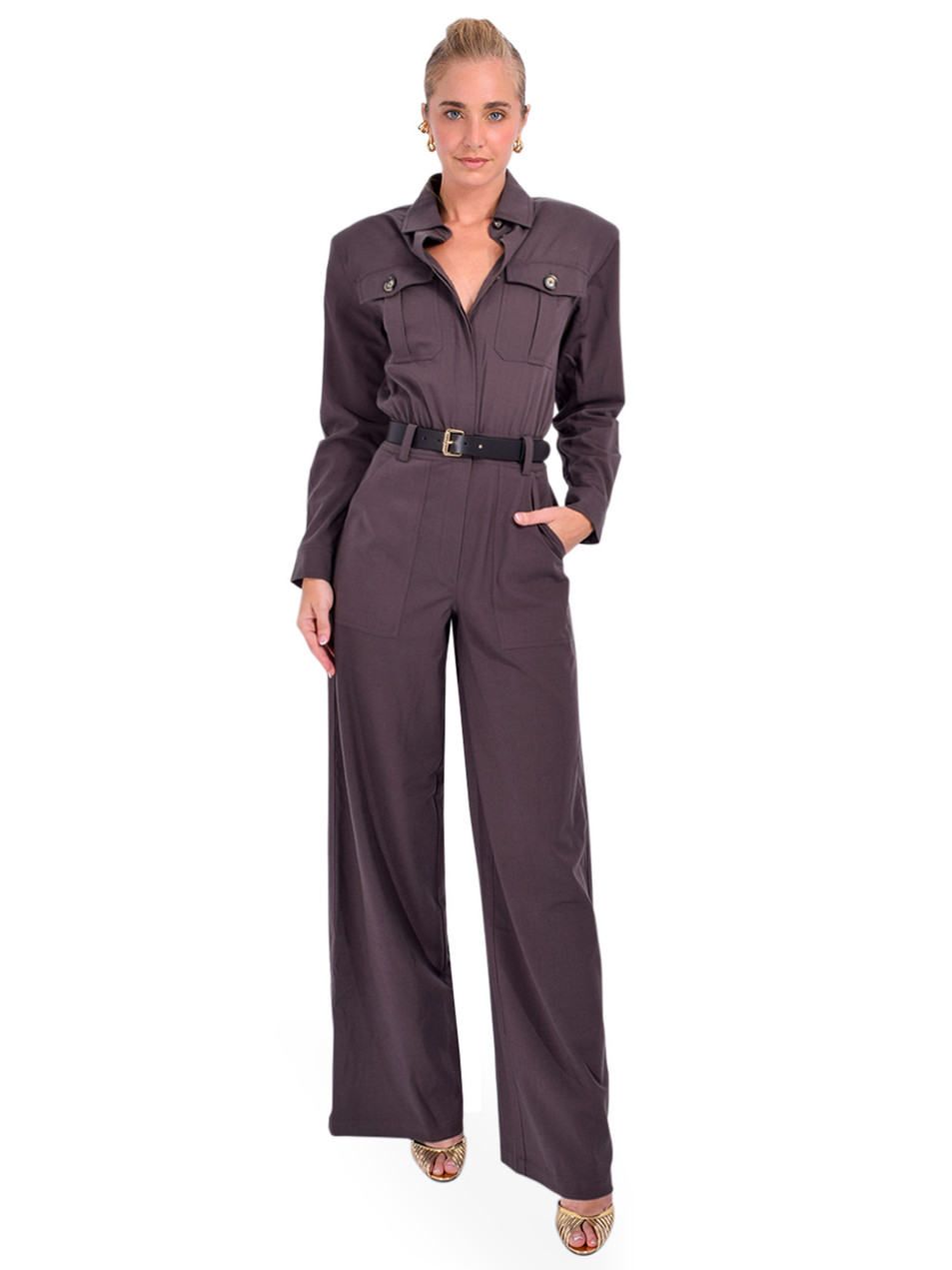 SELF-PORTRAIT Twill Jumpsuit With Belt in Brown Front View 1