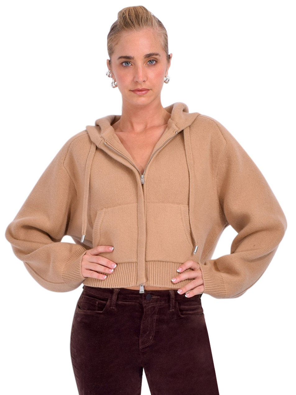 SIMKHAI Dakota Wool Cropped Hoodie in Camel Front View 
