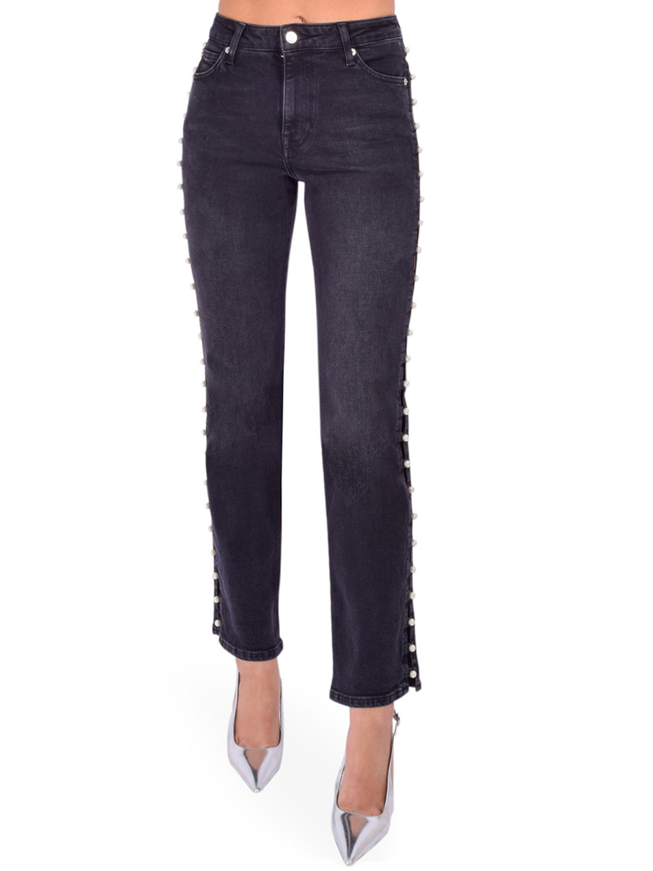 SIMKHAI Amelia Straight Leg Embellished Jean in Topanga Black Front View 