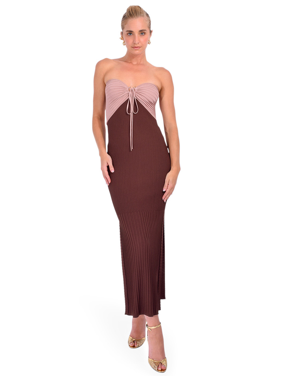 LE SUPERBE Avec Bandeau Dress in Chocolate Creme Front View 1