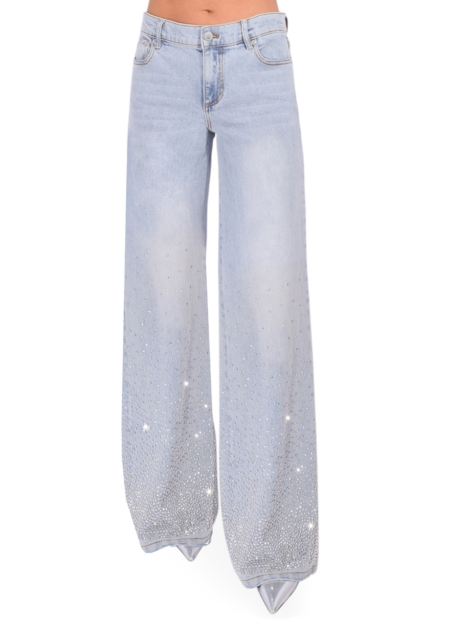 Alice + Olivia Amazing Embellished Low Rise Baggy Jean in Rockstar Blue Front View 