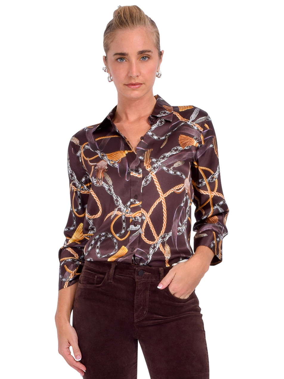 L'AGENCE Dani Silk Blouse in Coffee Bean Multi Western Front View 