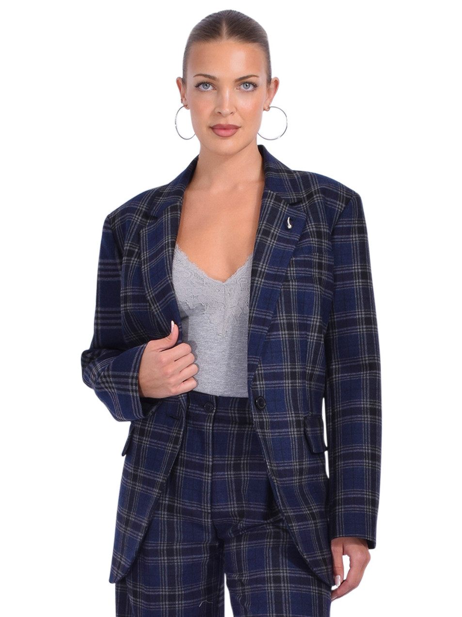 OTTOD'AME Printed Check Wool Blend Jacket in Blue Multi