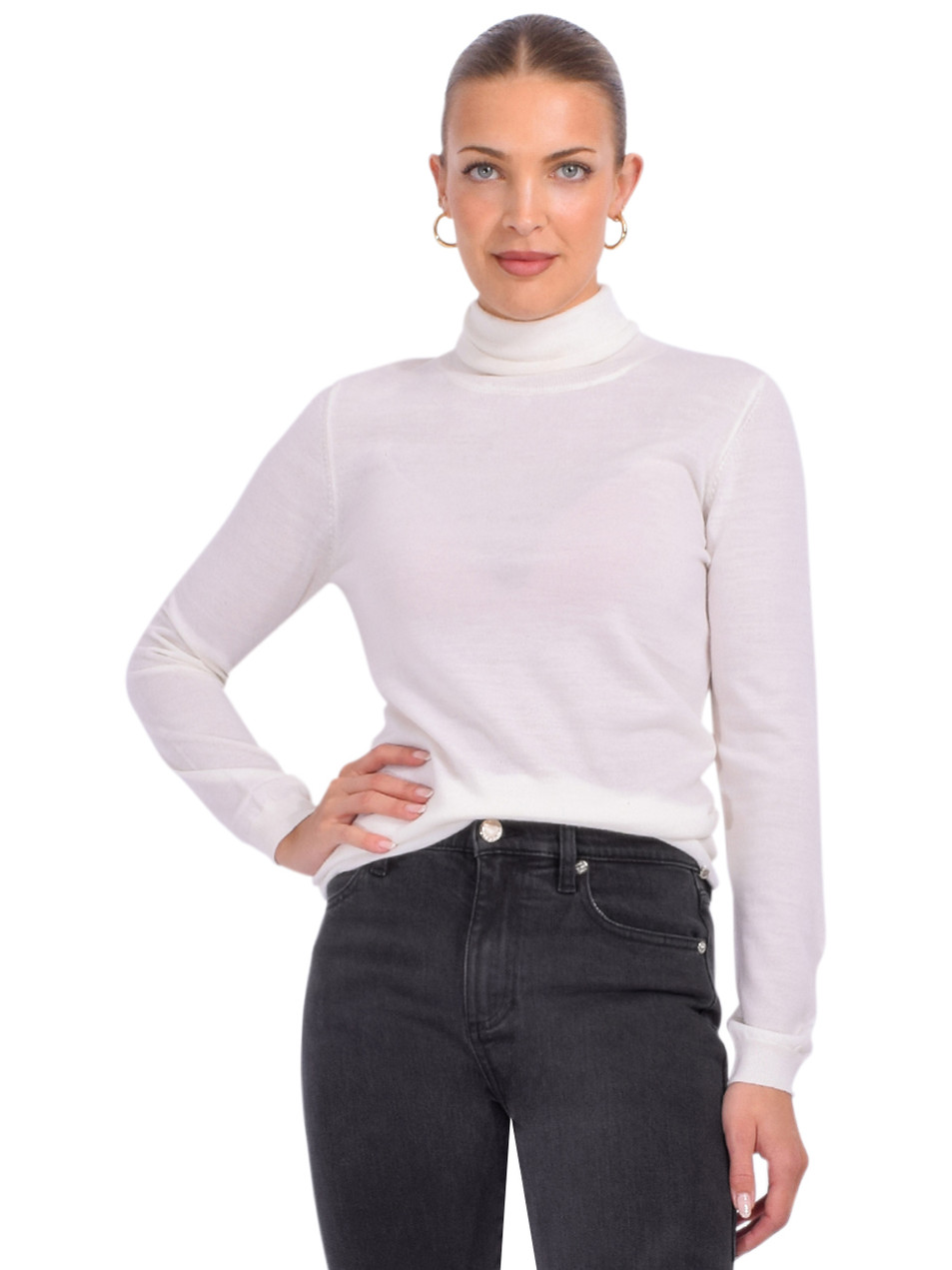 OTTOD'AME Merino Turtleneck Sweater in Cream Front View 