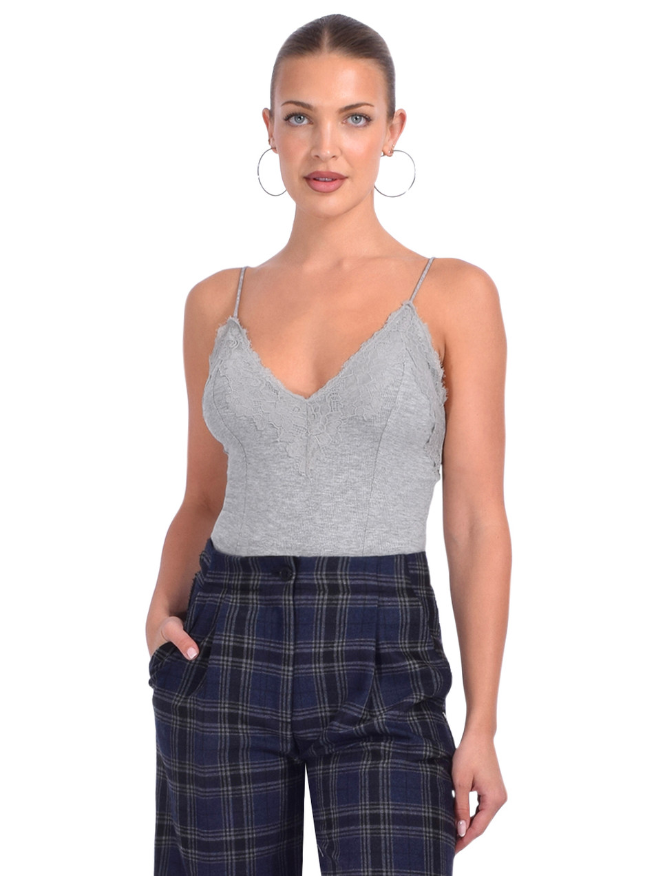 CAMI NYC Amani Rib Knit Bodysuit In Grayscale Front View  CAMI NYC Amani Rib Knit Bodysuit In Grayscale Front View