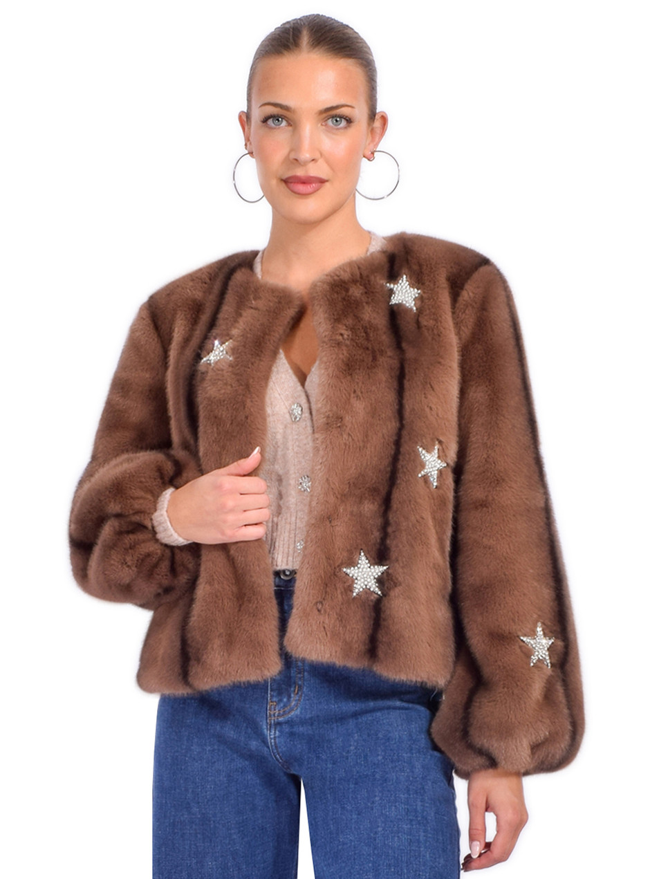 Cinq à Sept Benson Embellished Faux-Mink Coat in Star Taupe Front View  Cinq à Sept Benson Embellished Faux-Mink Coat in Star Taupe Front View