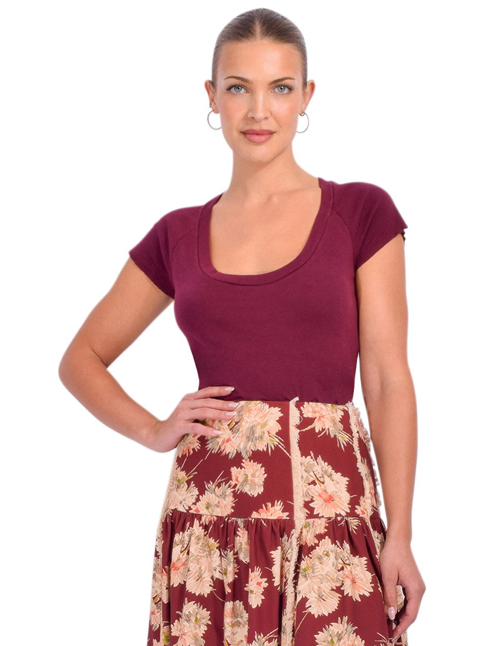 NSF Gia Fitted U Neck Baby Tee in Cherry Front View 