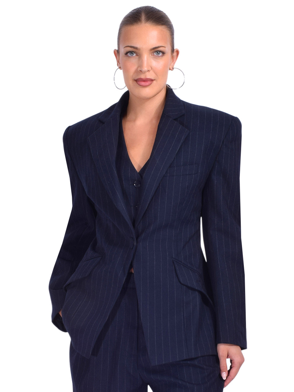 Sans Faff Atlas Blazer in Navy Pinstripe Front View  Sans Faff Atlas Blazer in Navy Pinstripe Front View