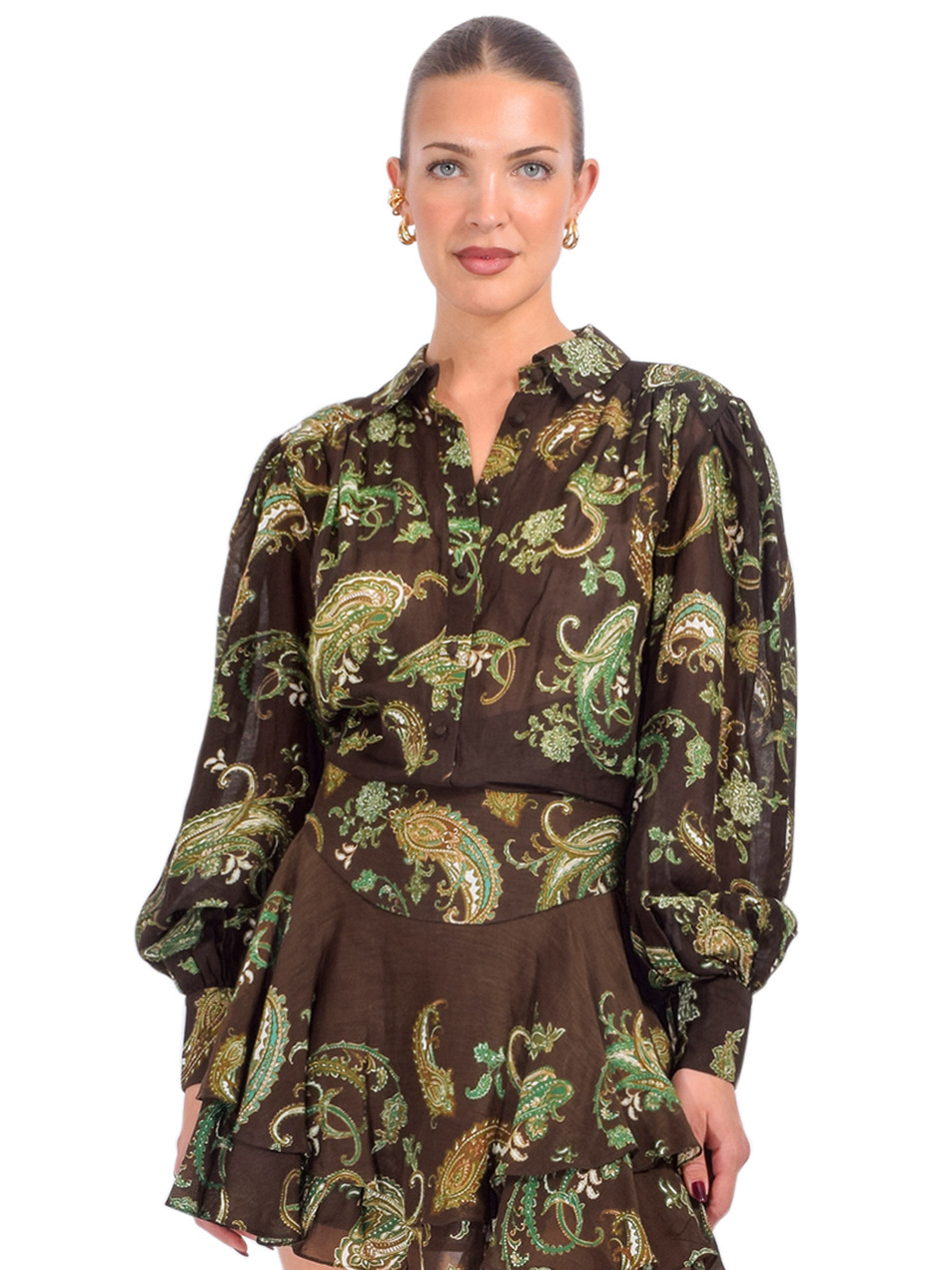 Hemant & Nandita Dira Button Down Top in Dark Brown Front View 