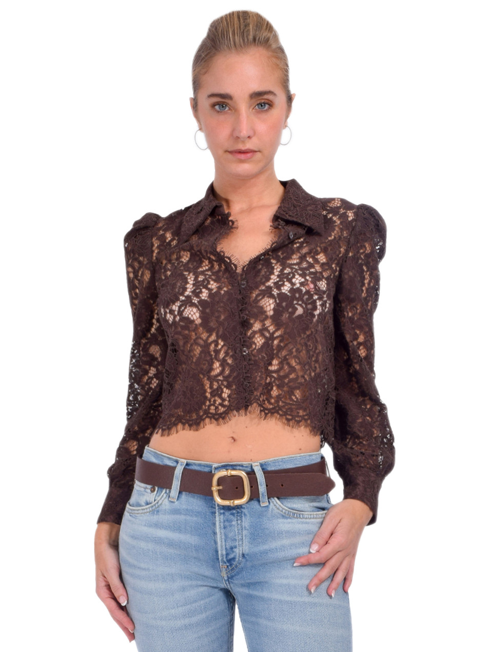 L'AGENCE Anita Lace Button Down Blouse in Dark Brown Front View 