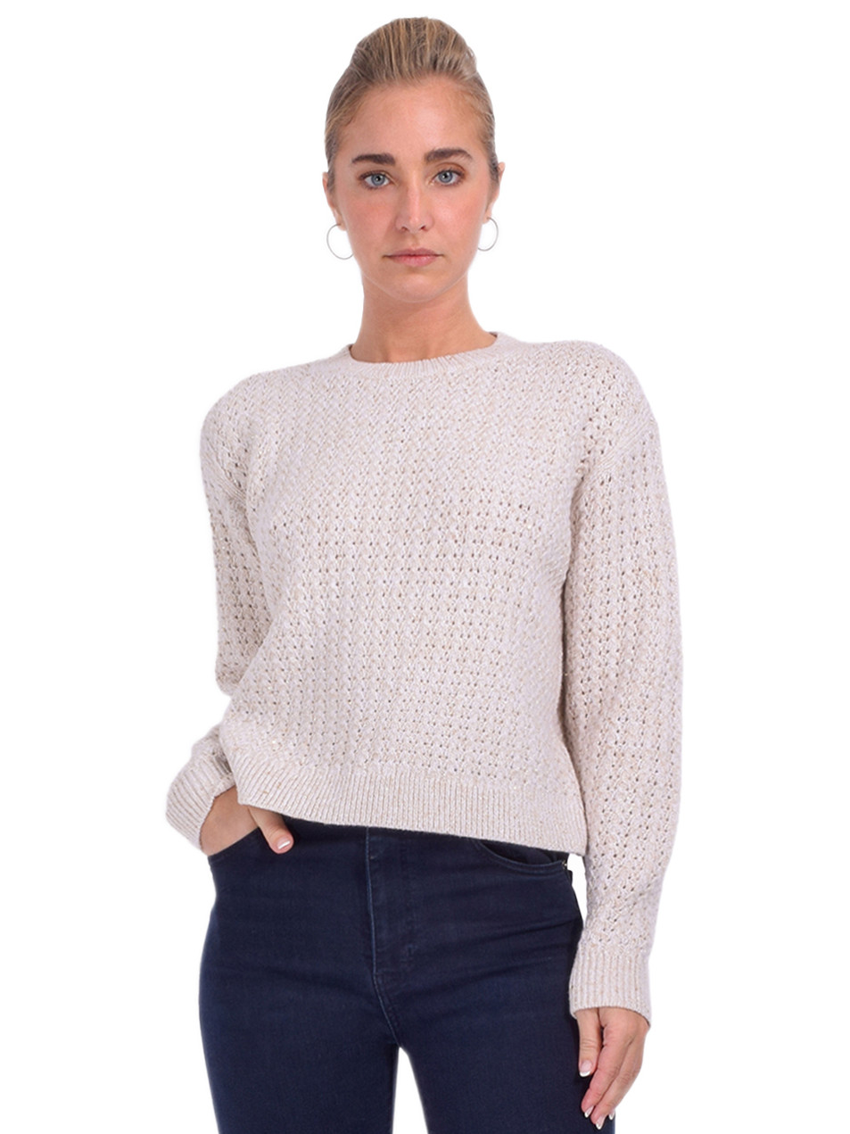 ALICE + OLIVIA Liza Sparkle Pullover Sweater in Oatmeal Front View 
