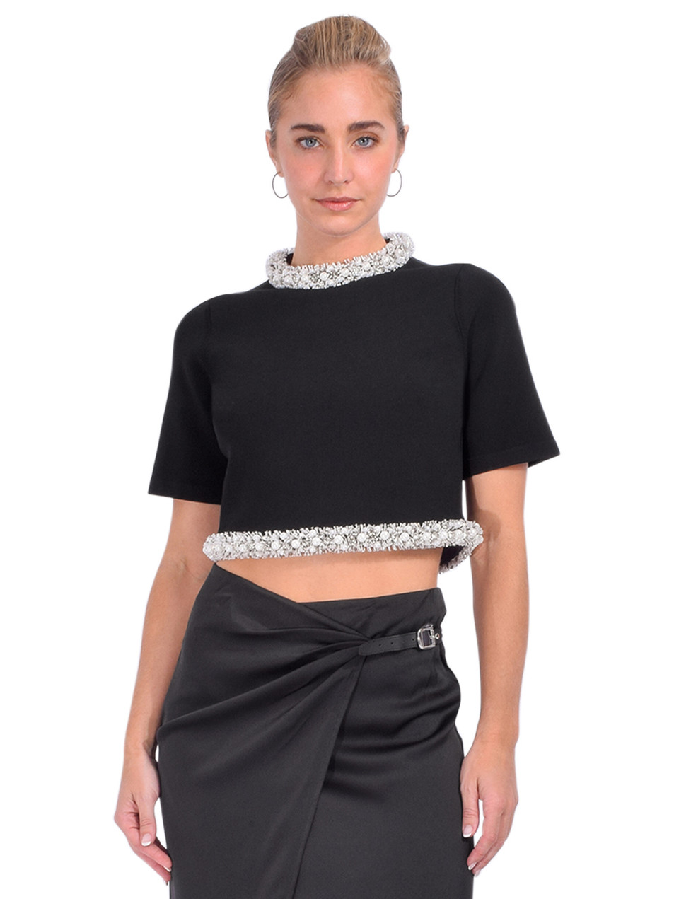 SIMKHAI Ozelle Embellished Knit Crop Top in Black Front View 