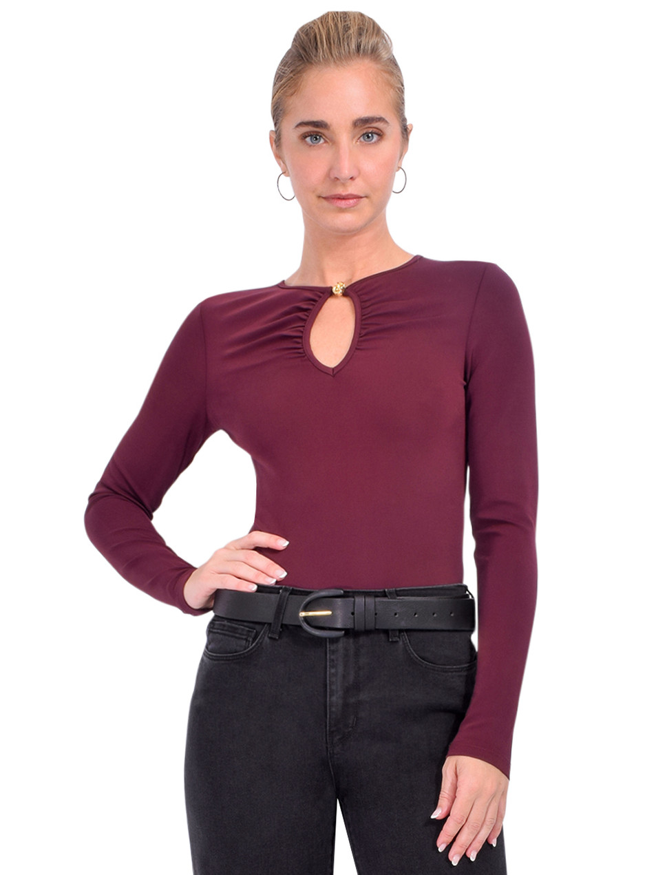 FRAME Keyhole Top in Burgundy Front View 
