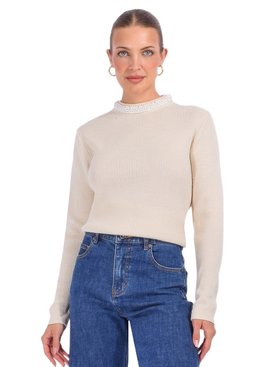 Drew Aurora Pearl Embellished Sweater in Ivory Front View 