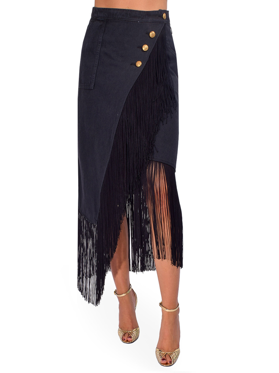 Le Superbe Utility Fringe Skirt in Washed Black Front View 