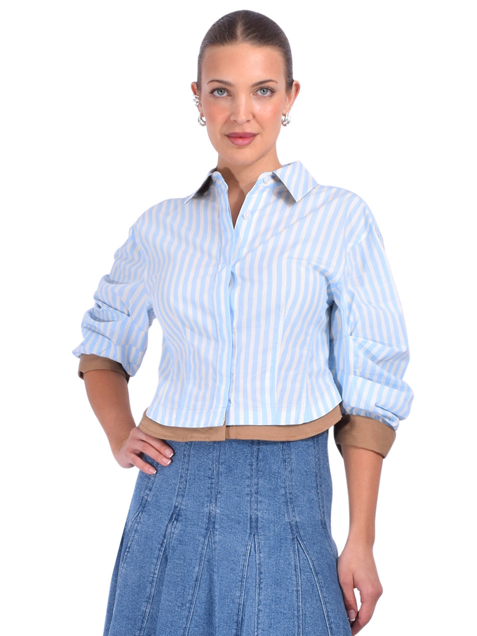 Simkhai Boone Combo Shirt in Blue Stripe Front View 