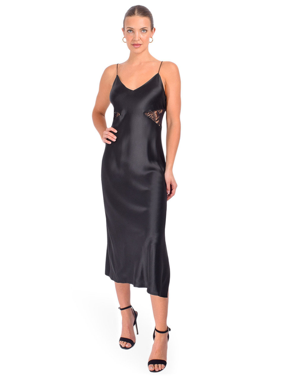 CAMI NYC Carli Midi Slip Dress in Black Front View 1