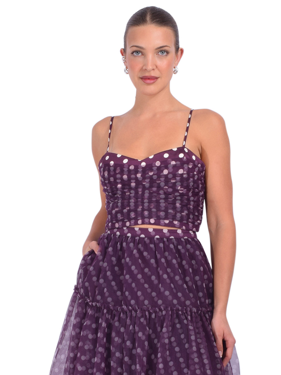 CINQ À SEPT Camille Selly Top in Purple Polka Dot Front View 