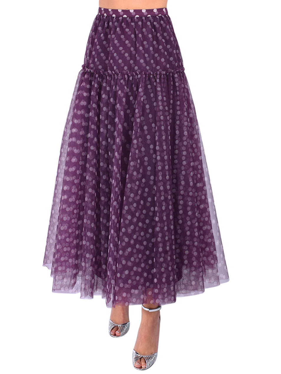 CINQ À SEPT Camille Selly Skirt in Purple Polka Dot Front View 
