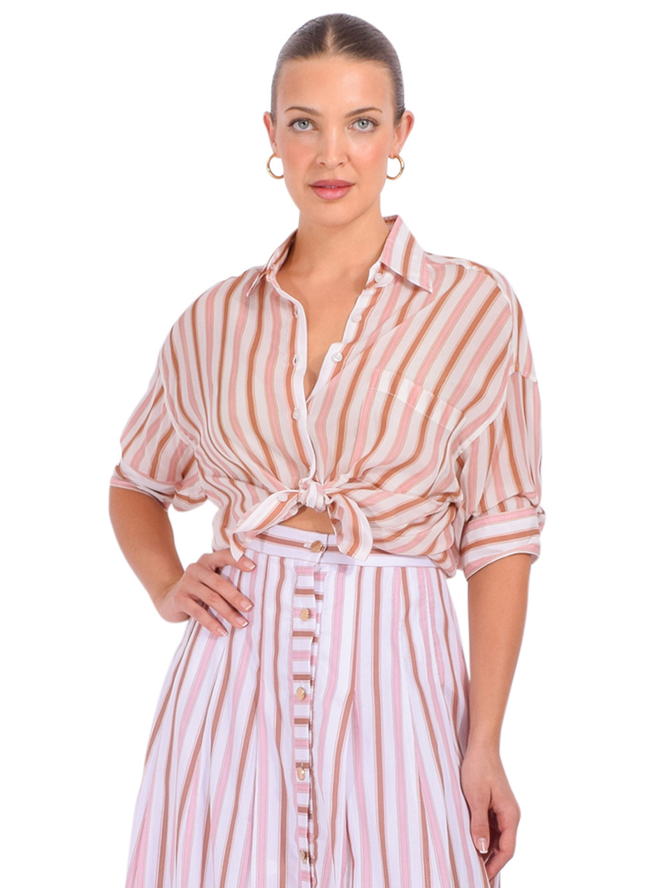 KARINA GRIMALDI Spencer Striped Blouse in Pink Multi Stripe Front View 