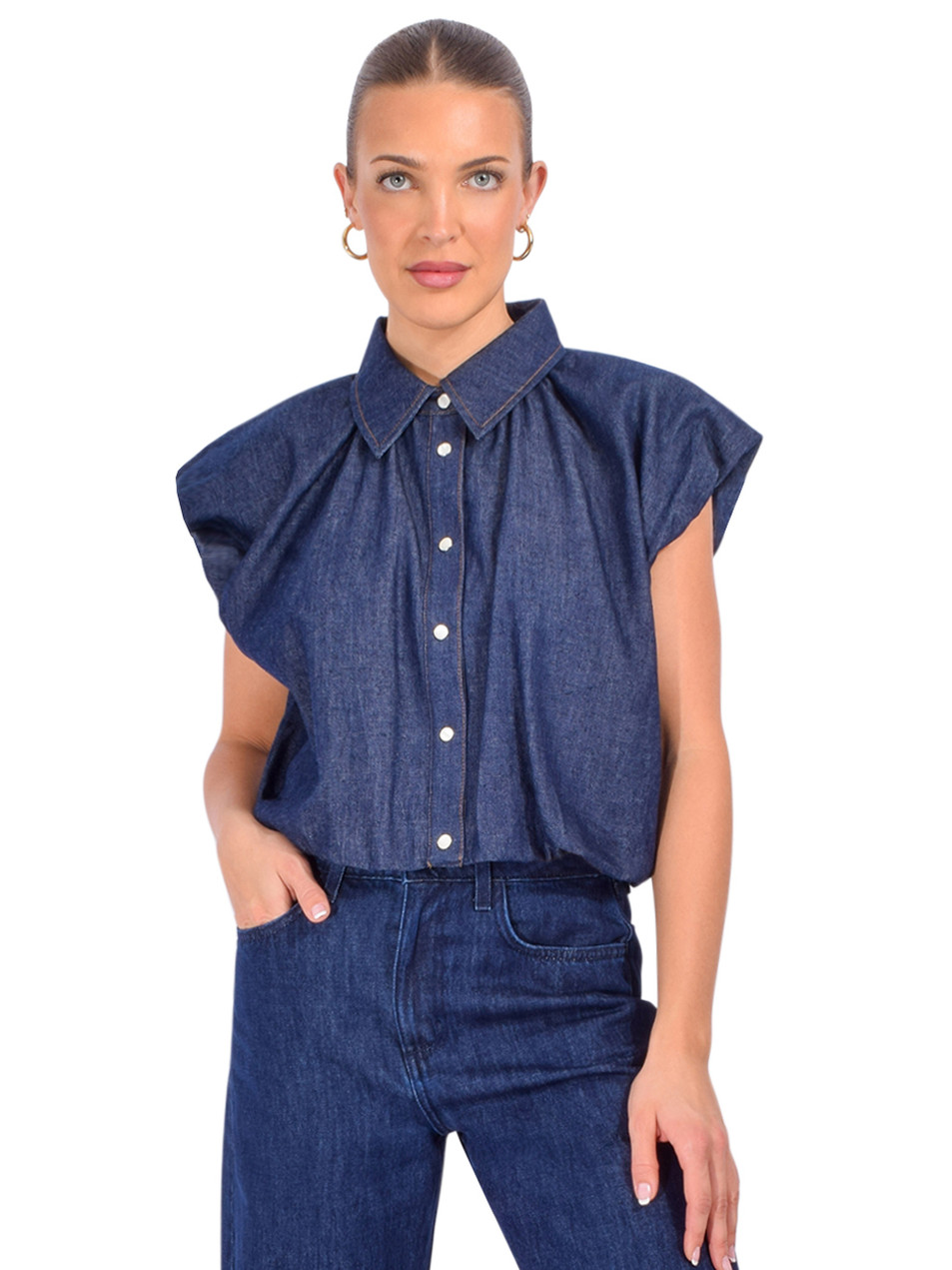 FRAME The Shell Top in Puzzle Blue Front View 