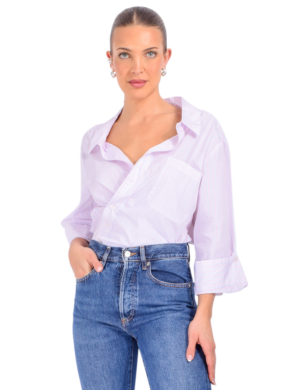 CISSA The Overshirt in Pink Stripe Front View 