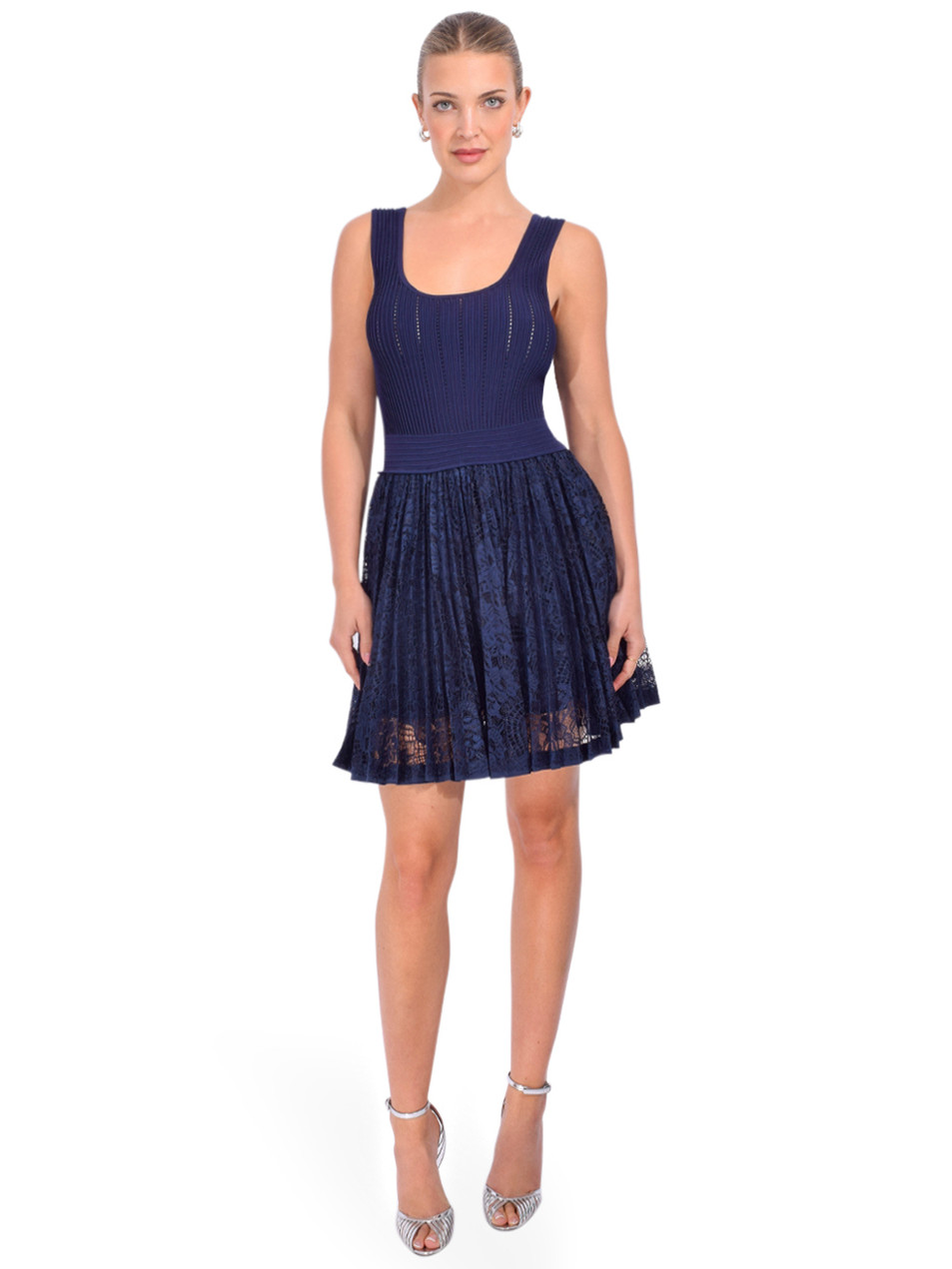 SIMKHAI Ellis Knit Lace Mini Dress in Midnight Front View 1