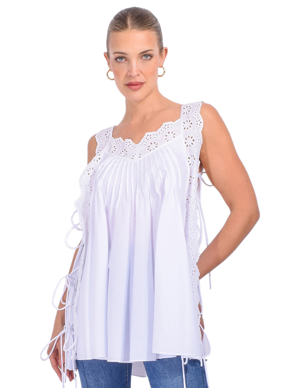 CAROLINE CONSTAS Lucilla Eyelet Mini Dress in White Front View 