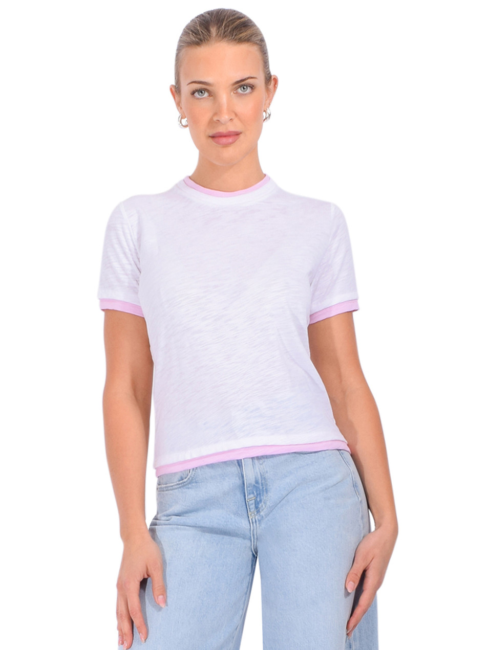 CHRLDR Double Jane Perfect Tee in White/ Pink Front View 