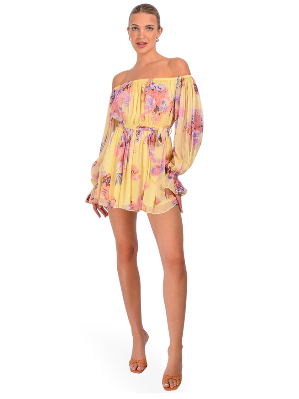 HEMANT & NANDITA Kysha Off-Shoulder Romper in Yellow Front View 1